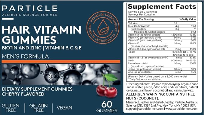Particle Men’s Hair Gummies Gluten Free &amp Vegan Supplement with Vitamin C Biotin Zinc &amp Vitamin B12 Men’s Daily Supplement for Hair &amp Wellness Support Cherry Flavor 60 Gummies 1 Mon