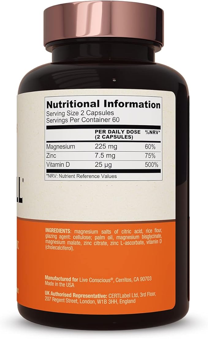 Live Conscious Magnesium Zinc &amp Vitamin D3 - Bioavailable Forms of Magnesium - Malate Glycinate Citrate - MagWell Bone &amp Heart Health Immune System Support - 120 Capsules (2-Pack)