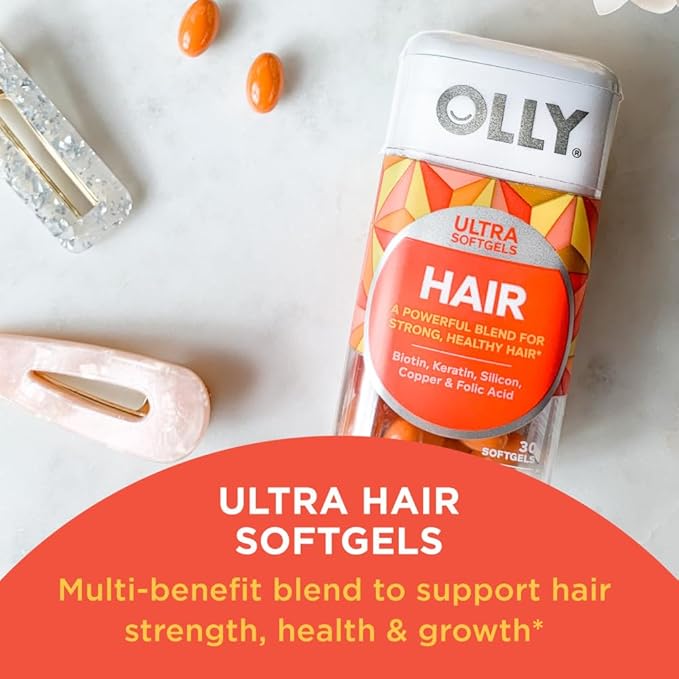 OLLY Hair and Energy Vitamin Bundles - Ultra Strength Hair Softgels with Biotin Keratin Vitamin D B12 and Daily Energy Gummy with B12 CoQ10 Goji Berry - 30 and 60 Count