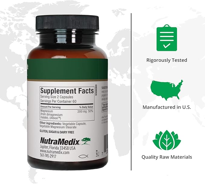 NutraMedix Magnesium Malate Energy Supplements - Bioavailable Magnesium for Sleep Immune Support &amp Joint Health - Vegan Non-GMO &amp Gluten-Free Magnesium Supplements (120 Vegetarian Capsules)