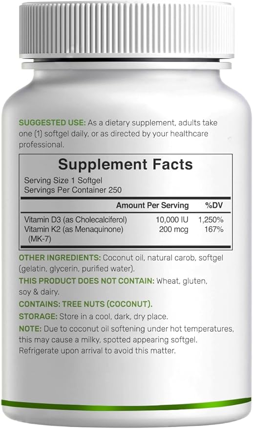 DEAL SUPPLEMENT Vitamin D3 10000 IU + K2 MK7 200mcg Softgels 250 Count | 2-in-1 Complex with Virgin Coconut Oil | Easy to Swallow