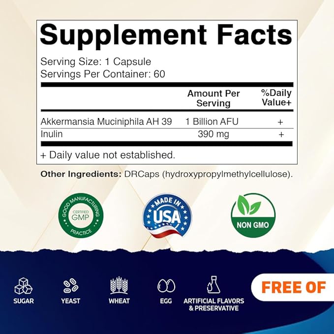 Vitamatic Akkermansia Muciniphila Gut Health - 60 DR Capsules (Delayed Released) - Made with Prebiotic Inulin Fiber - 2 Pack (120 DR Caps)