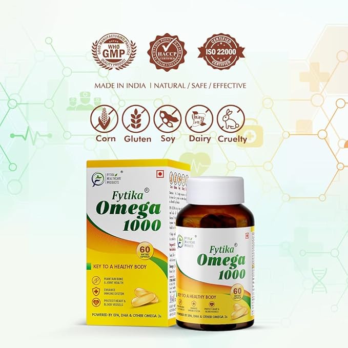 Omega 3 Fish Oil 1000mg 60 Capsules for Heart Eye Skin Brain Joint &amp Muscle Support | Omega 3 1000mg Fatty Acid Capsule enriched with EPA 360mg+DHA 240mg &amp Omega Fatty Acids 400mg