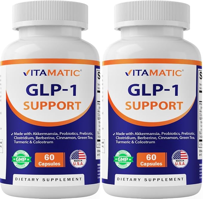 Vitamatic GLP-1 Support Supplement for Men &amp Women 60 Capsules - Made with Akkermansia Probiotics Prebiotic Clostridium Berberine Cinnamon Green Tea Turmeric &amp Colostrum - 2 Pack