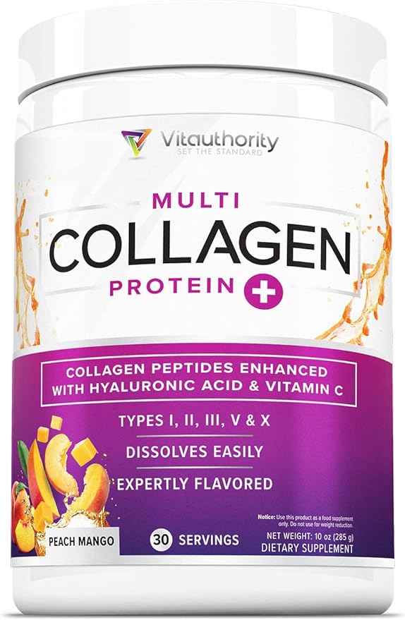Multi Collagen Peptides Powder for Women - Hydrolyzed Flavored Collagen Powder for Women with Types I II III V &amp X Vitamin C &amp Hyaluronic Acid for Hair Skin and Nails (Peach Mango) - 30 Servin