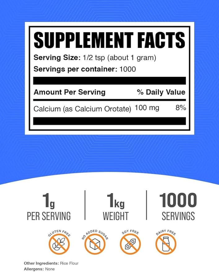 BulkSupplements.com Calcium Orotate Powder - Calcium Supplement High Bioavailability - Unflavored &amp Gluten Free 1g per Serving 1kg (2.2 lbs) (Pack of 1)