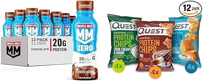 Muscle Milk Zero Protein Shake Chocolate20g Protein Zero Sugar 100 Calories &amp Quest Nutrition Protein Chips Variety Pack (BBQ Cheddar &amp Sour Cream Sour Cream &amp Onion)