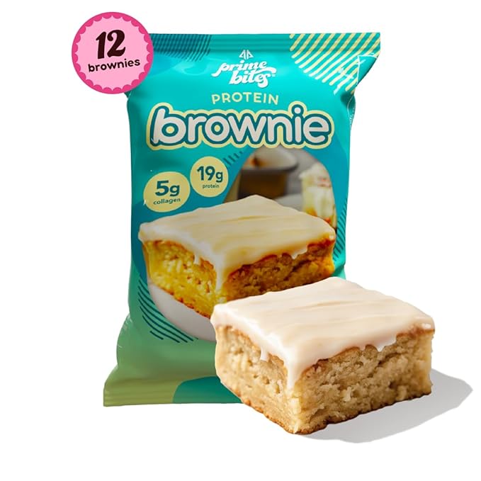Prime Bites Protein Brownie from Alpha Prime Supplements | High Protein Collagen Fortified Low Sugar Treat | Delicious Snack | 12 Bars per Box (Glazed Cinnamon Roll)