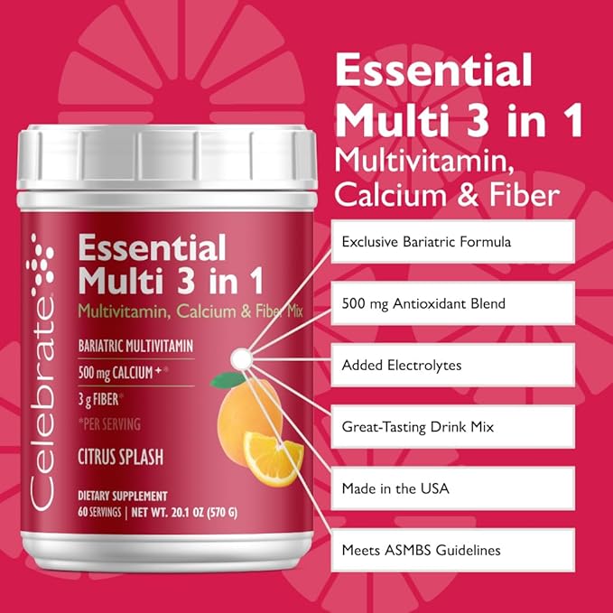 Celebrate Vitamins 3-in-1 Bariatric Multivitamin with Calcium Citrate Drink Mix - 500mg Calcium Gluten Free Sugar Free - Powder Blend for Post Bariatric Surgery - Citrus Splash (60 Servings)