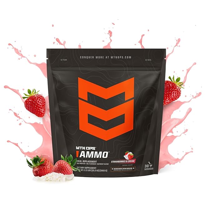 MTN OPS Ammo Meal Replacement Shake Powder – 19g Protein 10g Flaxseed 4.5g Whole Foods Real Fruits &amp Vegetables – Daily Nutrition &amp On-the-Go Fuel 30 Servings Strawberries &amp Cream