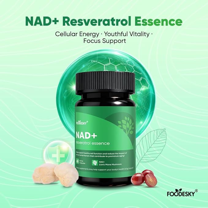 NAD+ Resveratrol Essence Capsules - 5mg NAD+ &amp Lion's Mane Mushroom - Supports Healthy Cell Function &amp Daily Wellness - 60 Active Dietary Capsules (2PCS)