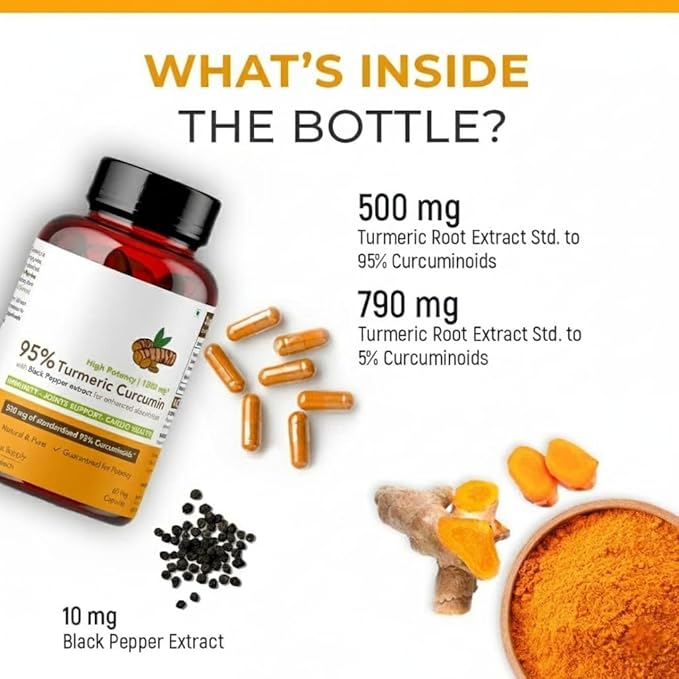 Curcumin (95%) with Black Pepper Extract (for Better absorbtion)1300mg for Immunity Joints Health | 60 Veg Capsules 650 Mg Each