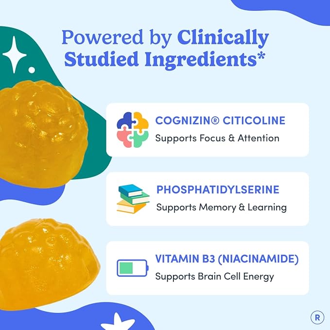 FIRST DAY Teen Brain &amp Focus Supplement Gummies Ages 13–18 | Study &amp Concentration Support with Cognizin® Citicoline &amp Phosphatidylserine | Vegan Non-GMO Caffeine-Free | 30-Day Supply
