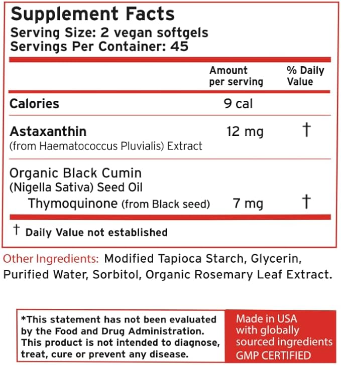 Zatik Naturals - Astaxanthin 12mg with Organic Black Seed Antioxidant 90 Vegan Softgels