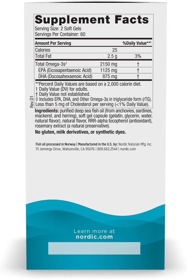 Nordic Naturals Ultimate Omega 2X Lemon Flavor - 120 Soft Gels - 2150 mg Omega-3 - High-Potency Fish Oil with EPA &amp DHA - Promotes Brain &amp Heart Health - Non-GMO - 60 Servings