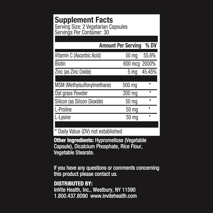 Invite Health Hair Skin &amp Nails Supplement - Supports Health and Growth of Hair Skin and Nails - Contains Vitamin C Biotin Zinc MSM Silica Lysine Proline Oatgrass - 60 Vegetarian Capsules