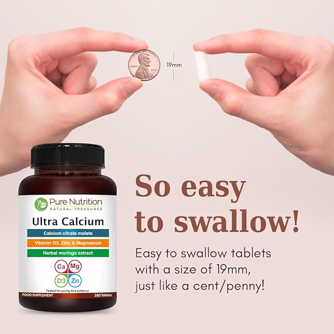 Pure Nutrition Ultra Calcium Citrate 1000mg Highly absorbable Calcium Supplement with Calcium Citrate Malate Vitamin D Zinc and Magnesium - 1 Tablet Daily (180 Veg Tabs) Non-GMO | Gluten-Free