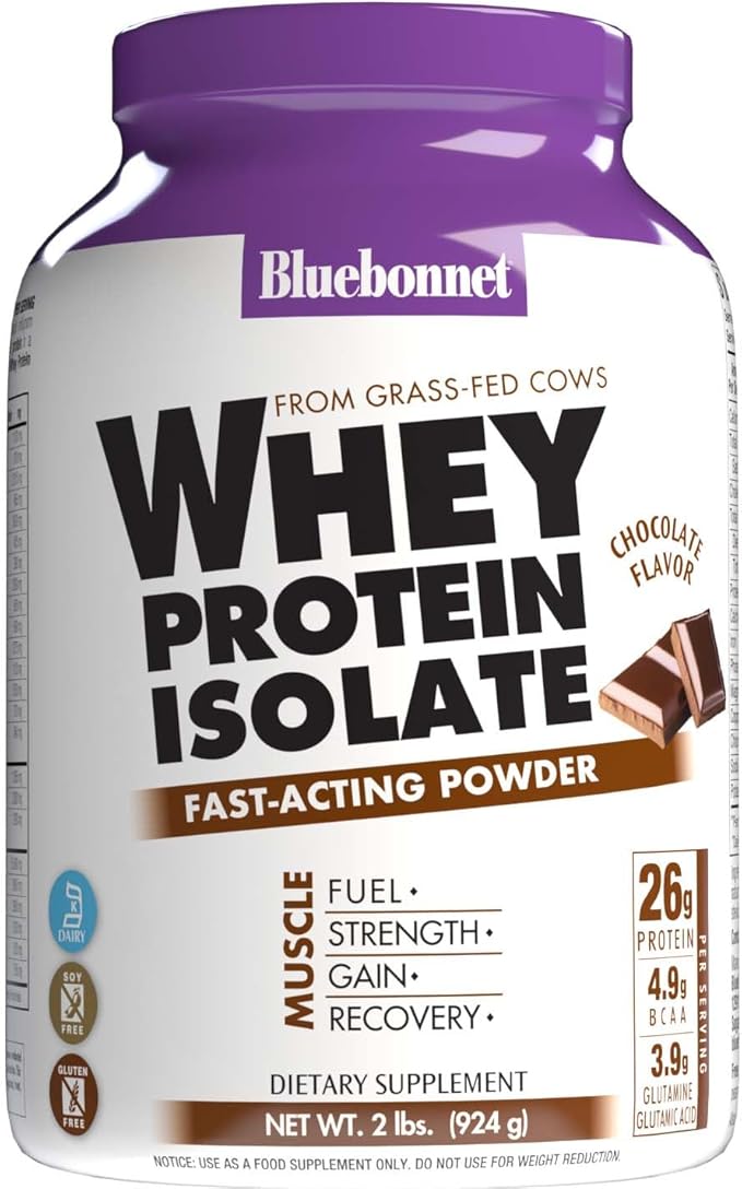 Bluebonnet Grass Fed Whey Protein Isolate 26 g Energy &amp Workout Recovery BCAA Amino Acids - Gluten-Free Non-GMO Soy-Free Chocolate Protein Powder for Women &amp Men - 28 Servings
