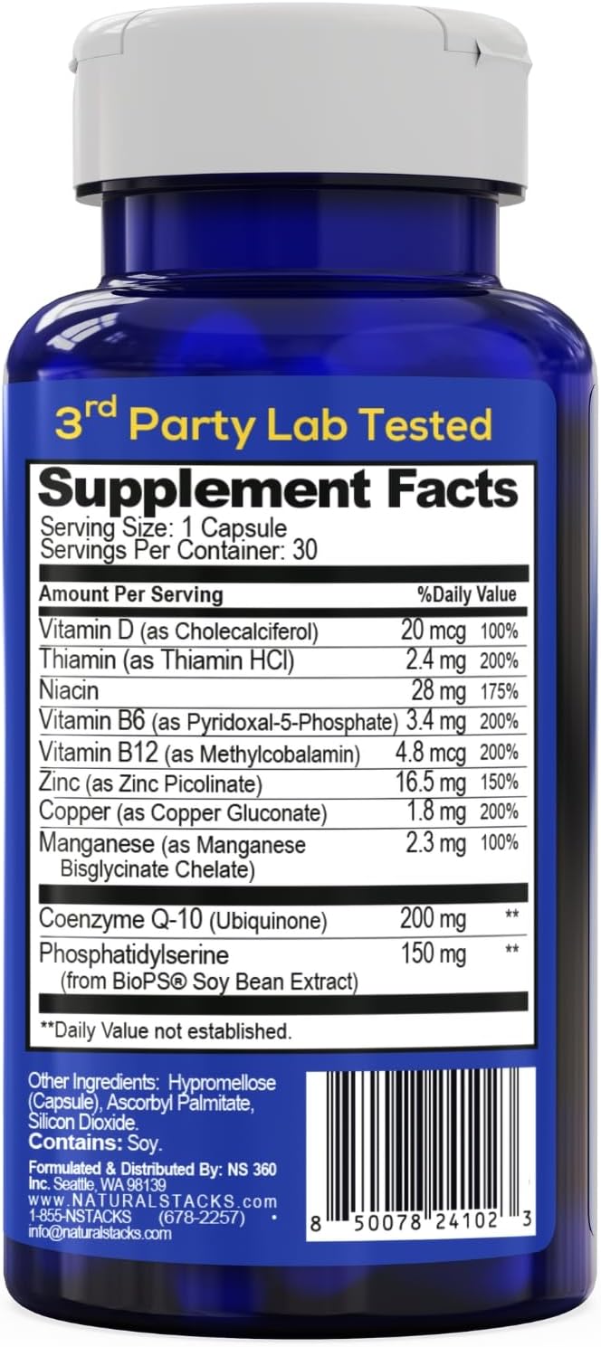 NATURAL STACKS NeuroMulti - Multivitamin for Women &amp Men - Supports Daily Cognition - One Capsule Per Day - CoQ10 200mg for Brain Energy Support - 10 in 1 Brain Health Complex - 30 Capsules