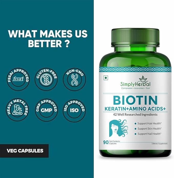 Simply Herbal Natural Biotin (Vitamin B7) Capsules for Healthy Hair Radiant Skin &amp Strong Nails - Enhanced with Keratin Multivitamins &amp Amino Acids - 90 Vegetarian Capsules for Men &amp Wom