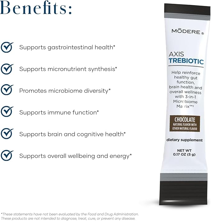 Modere Axis Trebiotic Chocolate Powder - Daily Wellness Formula with Chocolate Flavor Convenient Single Serve Packets Ready to Mix Up - 30 Count