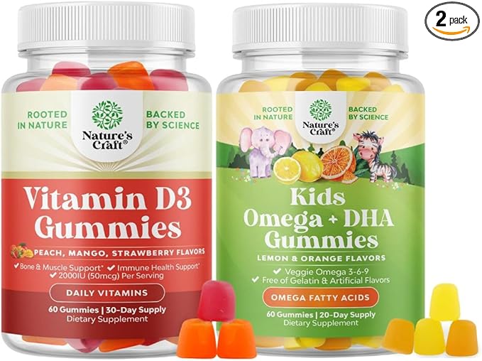 Bundle of Vitamin D3 Gummies for Daily Wellness with 2000IU per Serving Bone Muscle &amp Immune Support and Kids DHA Omega 3 Gummies - Fatty Acids Omega 3 6 9 for Brain Immune Strength &amp Vision