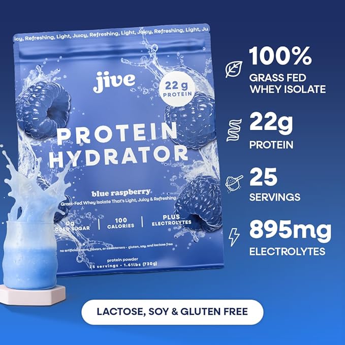 Jive Clear Protein Powder - 22g Grass-Fed Whey Isolate 25 Servings - Blue Raspberry - 895mg of Electrolytes - Zero Added Sugar - Clear Drink Protein Water &amp Juice