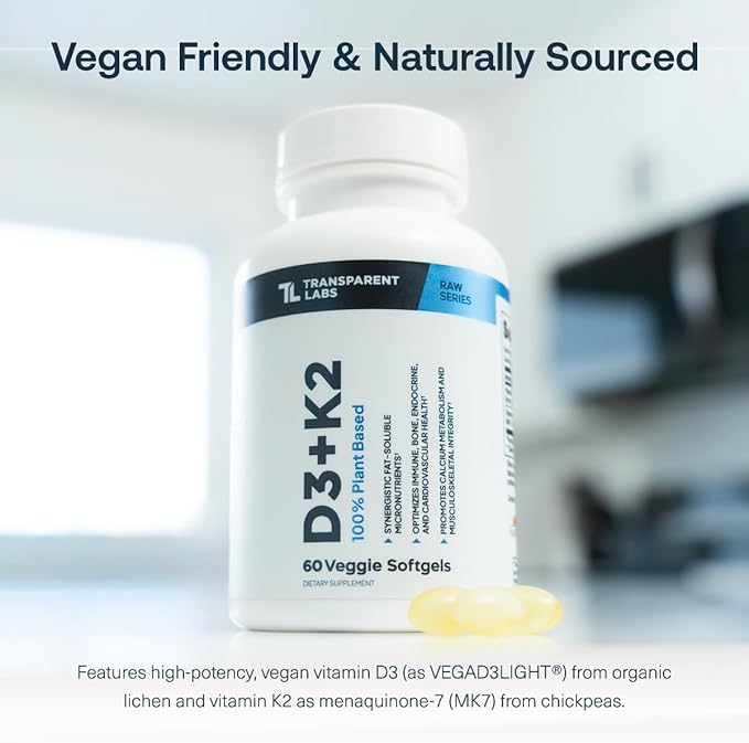 Transparent Labs Vitamin D3 K2 - Vitamin D &amp K2 Vitamin Supplement for Men &amp Women Vegan-Friendly D3K2 5000 IU Supplements to Support Bone Immune and Overall Health - K2 D3 60 Capsules