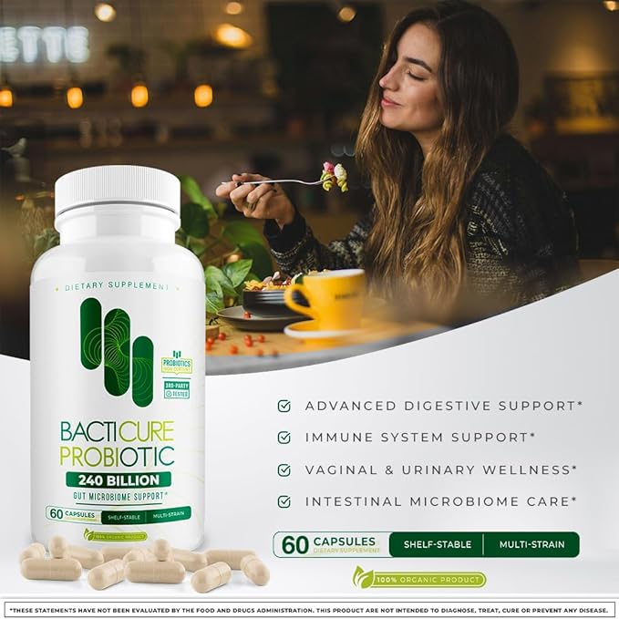 Bacticure Probiotic 120 Capsules | Probiotics Supplement w/High CFU Formula for Men &amp Women | Prebiotics &amp Digestive Enzymes for Digestion &amp Gut Health Vaginal Health Colon Cleanse Immu