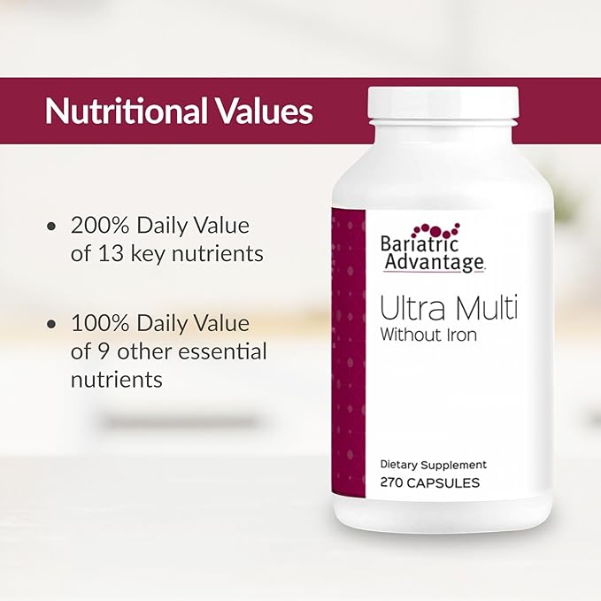 Bariatric Advantage Ultra Multi Without Iron - High Potency Multivitamin - for Bariatric Surgery Patients - Bariatric Multivitamin Capsule - with Calcium Vitamin C &amp More - 270 Capsules
