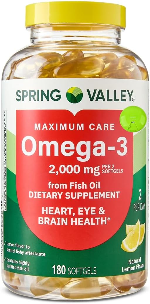 SUREFECT Spring Valley Maximum Care Omega-3 2000mg Fish Oil - 180 Softgels - General Wellness &amp Cardiovascular Support* - High EPA/DHA (1480mg) Lemon Flavor Organizer.