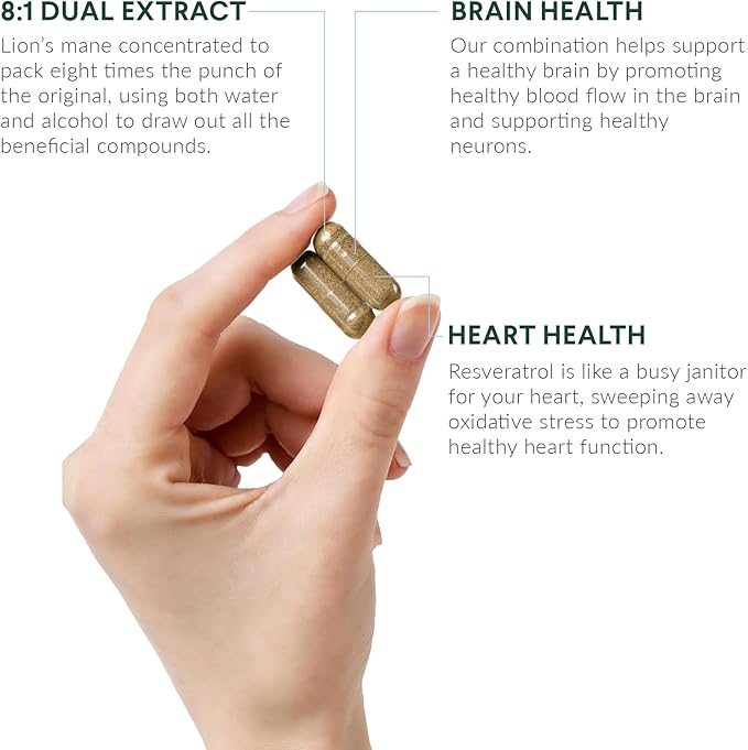 Nutritional Roots - Lion’s Mane + Resveratrol - With 800mg Lion’s Mane Extract &amp 350mg Trans-Resveratrol Per Serving - Supports Brain &amp Heart Health - Dietary Supplement - 1 Month Supply - 60