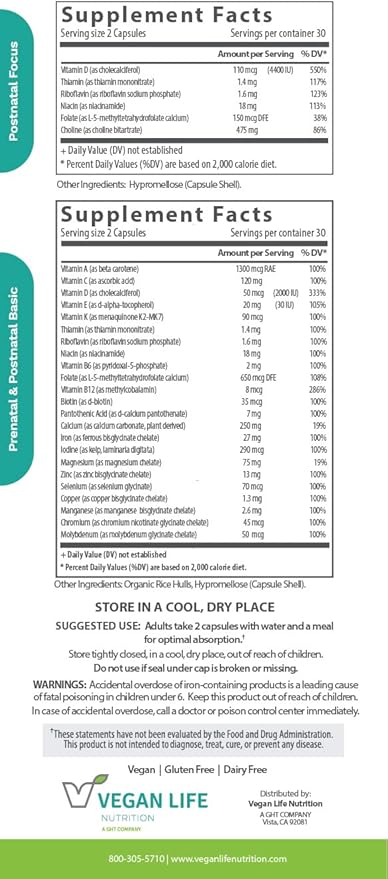 Vegan Life Nutrition - Vegan Postnatal Vitamins - Folate Calcium Vitamins A B C D E K and More - Gluten-Free Non-GMO