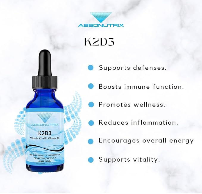 Absonutrix K2D3 390 mg 4 FL OZ Liquid 302 Servings Made in USA Plant-Based Ingredients Vitamin K2 Echinacea Extract Gluten-Free Non-GMO