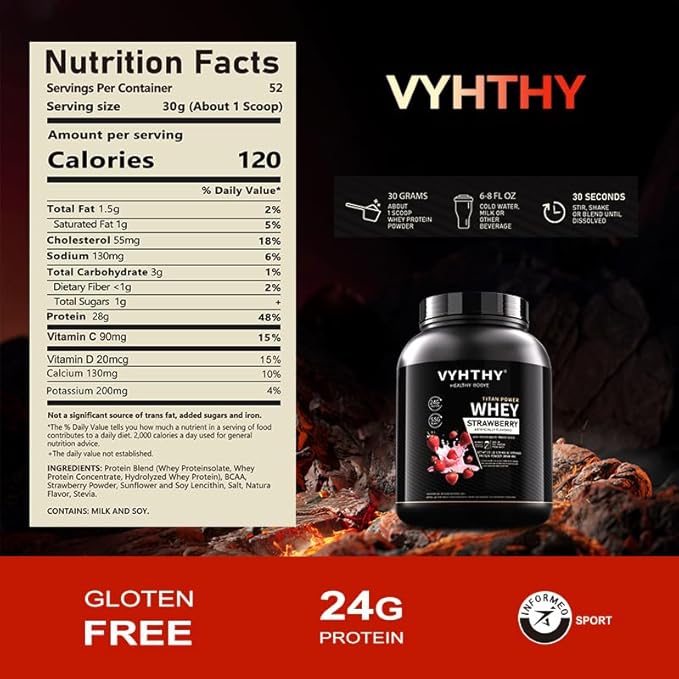 Strawberry Flavored Whey Protein Powder24g Protein per Serving Fast-Absorbing Concentrated whey Protein Low Sugar Gluten-Free Natural Flavor 3.5 lbs/56 oz.