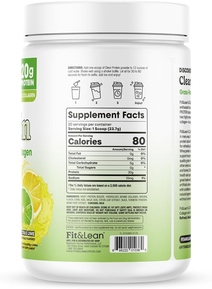Fit &amp Lean Clear Protein Powder with Whey Isolate Protein and Collagen Grass Fed Muscle Recovery Skin Joints GLP-1 Support 0g Sugar Citrus Lime 20 Servings