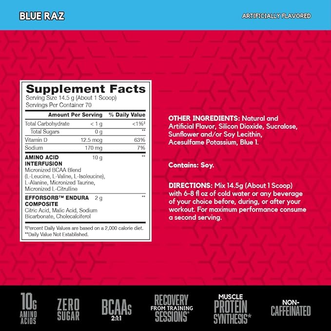 BSN Amino X Muscle Recovery &amp Endurance Powder with BCAAs 10 Grams of Amino Acids Keto Friendly Caffeine-Free Support Endurance Zero Sugar Blue Raz 70 servings 35.84 Ounce (Packaging May V