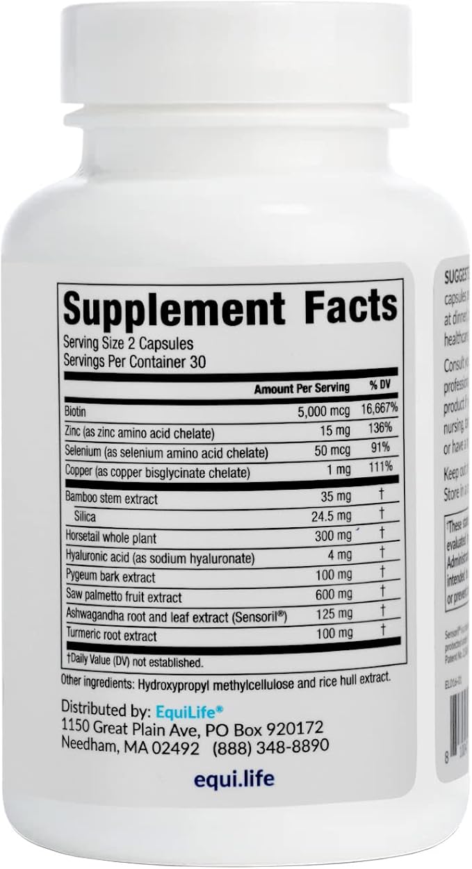 Equilife Daily Hair Support Hair Supplement with Biotin Ashwagandha Zinc Selenium and Saw Palmetto Vitamins and Minerals for Hair and Scalp Nourishment Gluten Free 60 Capsules