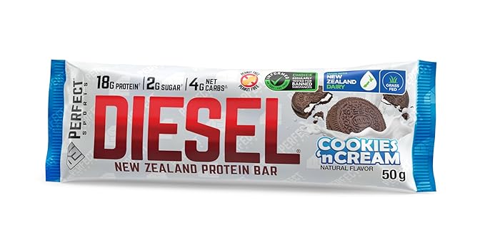 PERFECT SPORTS Diesel New Zealand Whey Protein Bars | Stevia Sweetened No Artificial Flavors | Low Sugar 18g Protein | 12 Pack (Cookies n' Cream)