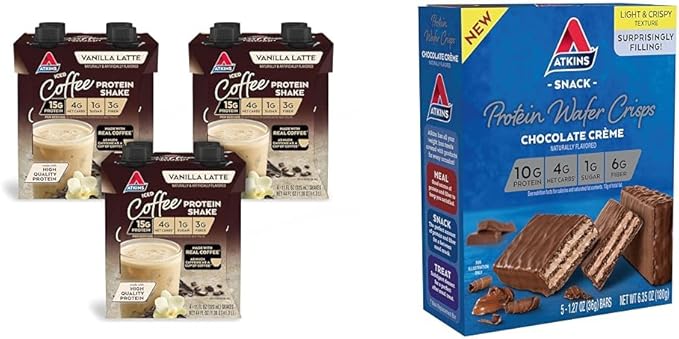 Atkins Iced Coffee Vanilla Latte Protein Shake 15g Protein 4g Net Carb Keto Friendly &amp Chocolate Crème Protein Wafer Crisps 10g Protein 4g Net Carb 5 Count