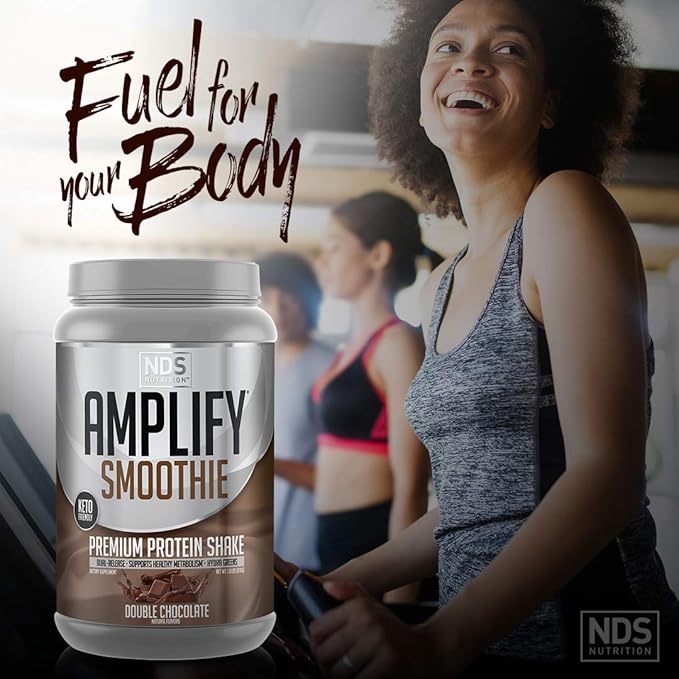 AMPLIFY NDS Nutrition Smoothie Premium Whey Protein Powder Shake with Added Greens and Amino Acids - Build Lean Muscle Gain Strength Lasting Energy and Lose Fat - Double Chocolate (30 Servings)
