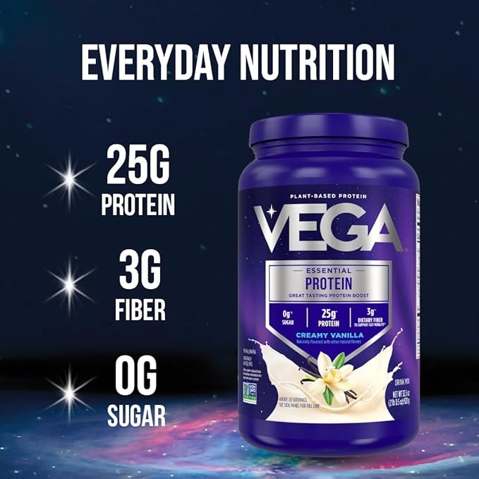 Vega Original Essential Protein - 25g Plant-Based Protein Creamy Vanilla 20 Servings Vegan Non-GMO Drink Mix Smoothie &amp Shake Ready Gluten Free Dairy Free 32.5oz (Packaging May Vary)