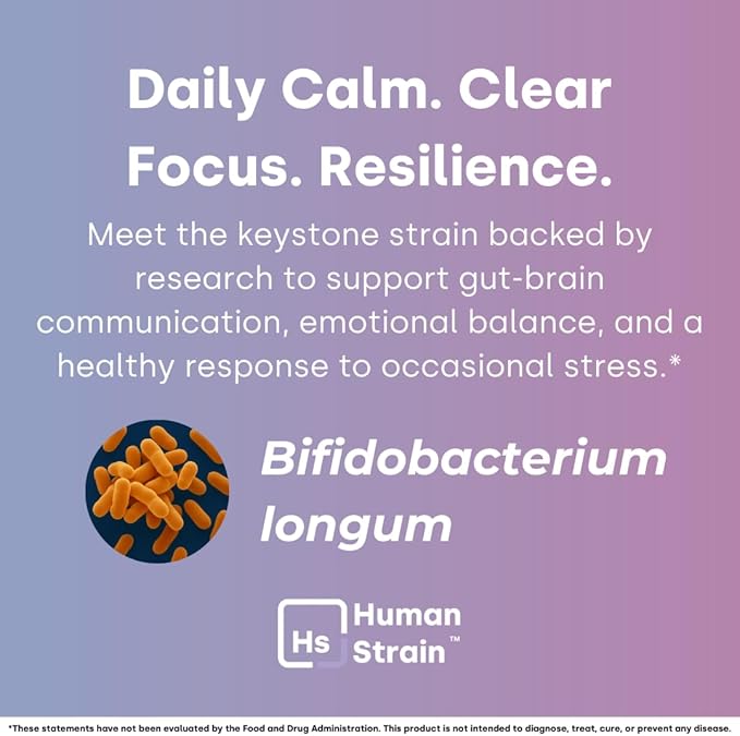 Human Strain Bifidobacterium Longum Probiotic | Gut-Brain Axis Support for Stress Resilience Mood Balance &amp Sleep | Clinically Studied Synbiotic | 30ct (30 Day Supply)