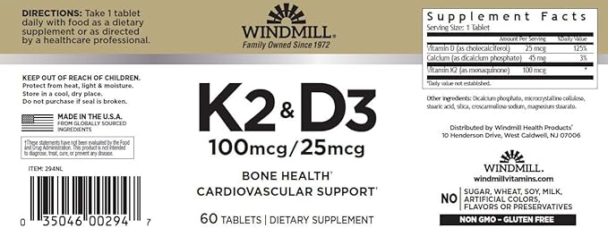 Windmill Natural Vitamins Vitamin K (K-2 Menaquinone-7 100mcg) 60 Tablets (Pack of 3)