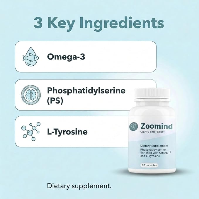 Zoomind Brain Supplements for Focus and Clarity Brain Health with Omega-3 Phosphatidylserine (PS) and L-Tyrosine. Supports Healthy Brain Function 60 Capsules