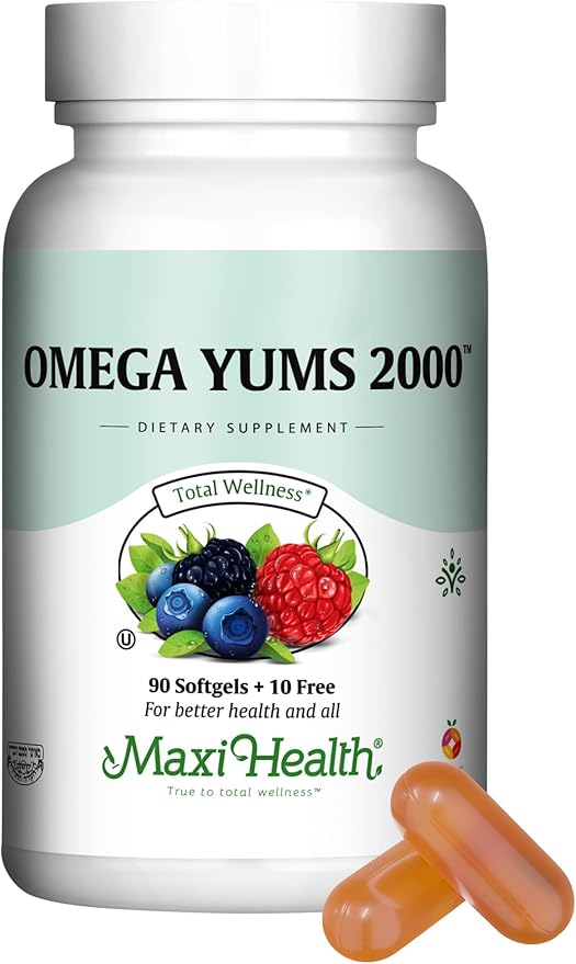 Maxi Health Fish Oil 2000mg - Omega 3 Supplement for Adults and Kids - Fruity Burst - Omega-3 Fish Oil Source of EPA/DHA Fatty Acids - Heart Brain Joint Health - Kosher Certified - 100 Softgels