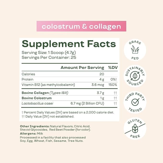 Bloom Nutrition Bovine Colostrum Powder with Vitamin B-12 for Gut Health Immune Support Hair Growth &amp Beauty Supplement | Strawberry 25 Servings