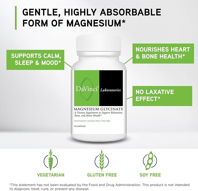 DaVinci Labs Magnesium Glycinate - Supports Sleep Heart Brain Relaxation &amp Bone Health* - Bioavailable &amp Stomach-Friendly* - 90 Capsules