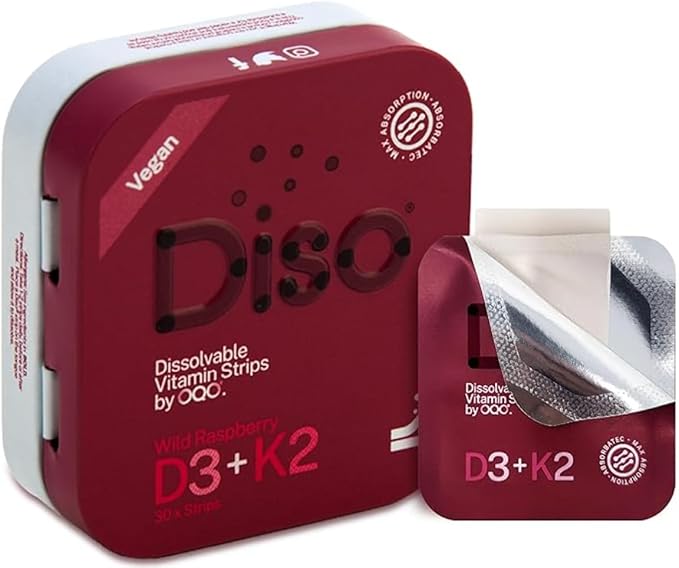 DISO - D3+K2 - Fast-Dissolving Oral Strips Wild Raspberry Flavor Vegan Sugar Free Maximum Absorption Gluten Free Individually Wrapped for Healthy Bones and Teeth 30 Dissolvable Strips