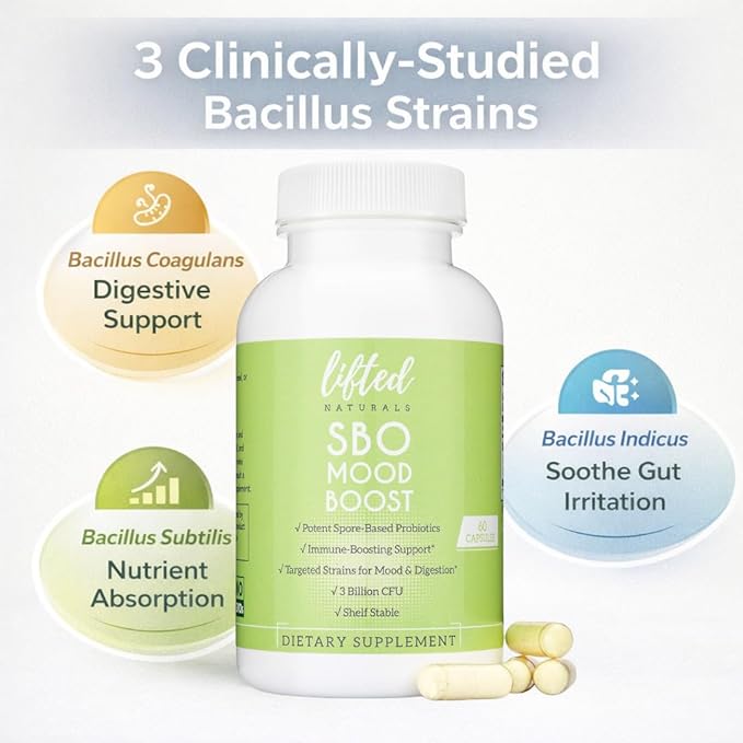 Lifted Naturals Spore Based Probiotic Probiotics - SBO Mood Boost - Spore/Soil-Based - Digestion &amp Natural Mood Support - Histamine-Free - 60 Day Supply Non-GMO Dairy-Free Gluten-Free Vegan